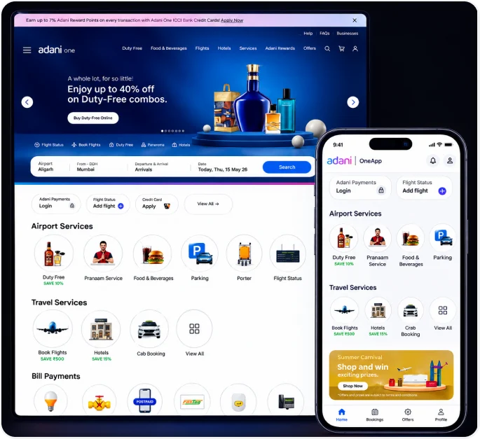 Adani One duty-free website with airport and travel services on desktop, next to the Adani One mobile app