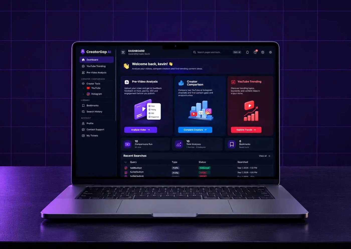 CreatorGap AI dashboard on a laptop: pre-video analysis, creator comparison and YouTube trending tools with recent searches