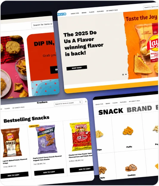 Snacks.com storefront: “The 2025 Do Us A Flavor winning flavor is back!” banner, bestselling snacks and brand pages
