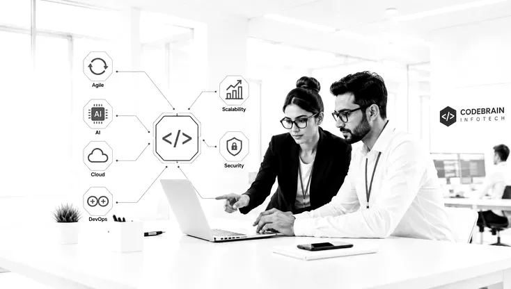 Two Codebrain Infotech developers reviewing code on a laptop in a bright office