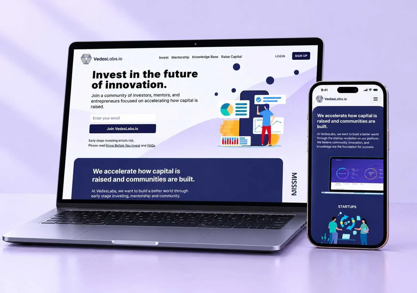 VedasLabs.io “Invest in the future of innovation” website on a laptop, with its mobile site on a phone