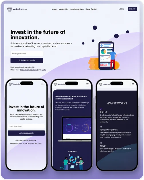 VedasLabs “Invest in the future of innovation” website on desktop with sign-up and how-it-works screens on three phones